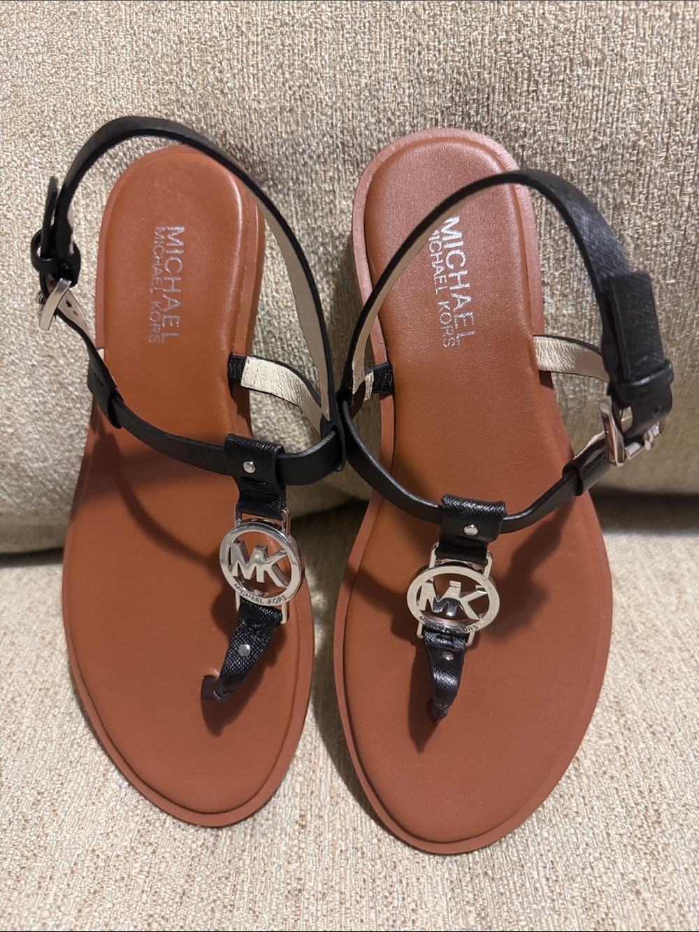 MICHAEL Michael Kors Black and Brown Logo T‑Strap Sandals